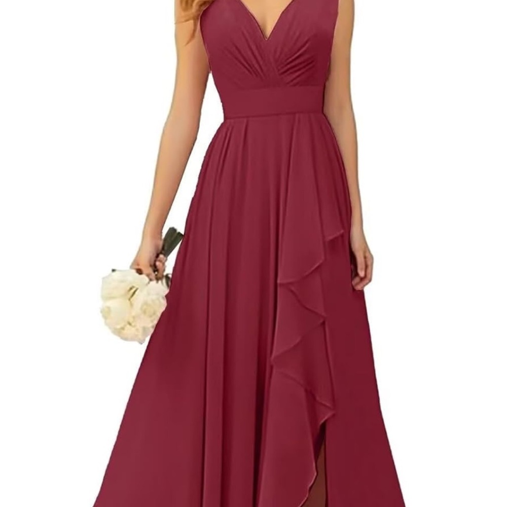 OFEYCHUN Ruffle Bridesmaid Dresses for Women with Slit Long V Neck Chiffon